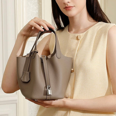 Women's Genuine Leather Silver Buckle Basket Bag